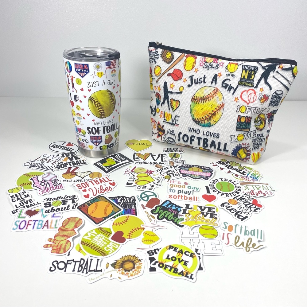 Girl Loves Softball Swag Lot 20oz Tumbler Cosmetic Pouch 40-Piece Sticker Set - Picture 10 of 10